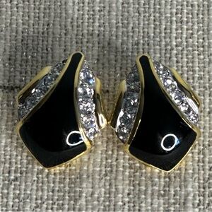 Vintage 1980s SOLEIL black enamel gold tone rhinestone clip on earrings retro